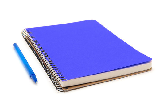 spiral blue notebook and pen isolated on white