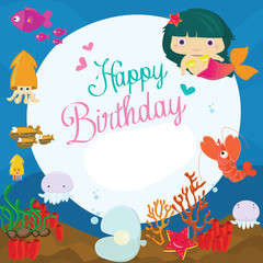 Fototapeta premium Happy Birthday card. Marine animals under the sea. Funny cartoon and vector illustration.