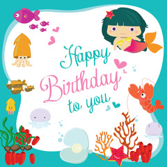 Happy Birthday card. Marine animals under the sea. Funny cartoon and vector illustration.