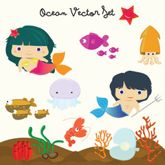 Marine animals under the sea. Funny cartoon and vector illustration.