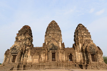 Fototapeta na wymiar Phra Prang Sam Yod, Lop Buri province - Thailand. Prang Sam Yod was originally a Hindu temple, with the three stone towers (prangs) representing the Hindu trinity of Brahma, Visnu and Siva.