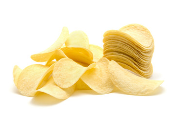 Potato chips isolated white background.