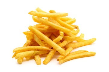 a pile of appetizing french fries on a white background