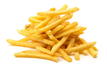 a pile of appetizing french fries on a white background