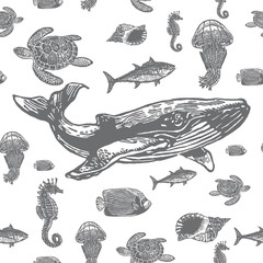 Fototapeta premium Sea animals black and white seamless vector pattern.