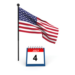 3d render of American flag and desk calendar with July four date