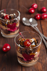 Chocolate and cherry dessert in glass