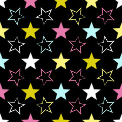 Cute vector geometric seamless pattern. Brush strokes and stars. Hand drawn grunge texture. Abstract forms. Endless texture can be used for printing onto fabric or paper