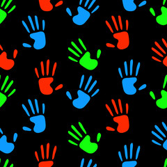 Colorful fluorescent human hands prints on black seamless pattern, vector