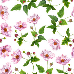 Seamless background pattern with watercolor strawberry flowers with green leaves