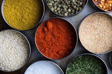 spices in steel bowls