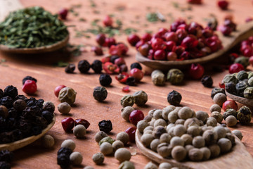 colorful spices in wooden spoons