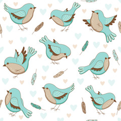 Vector seamless pattern with birds, hearts and feathers