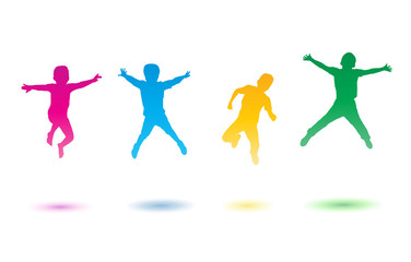Happy boys jumping. Holiday Colorful Sports Games Summer 2024 Digital illustration. Silhouette, jump four boys isolated on white background. Children preschool, Kids Sport. For Art, Print, web design.