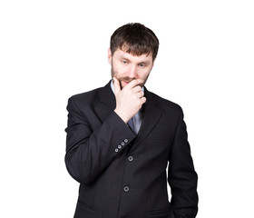 body language. gestures distrust lies. closes mouth by hand, closed position. man in business suit...