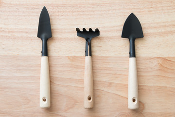 Gardening tools on a wooden board