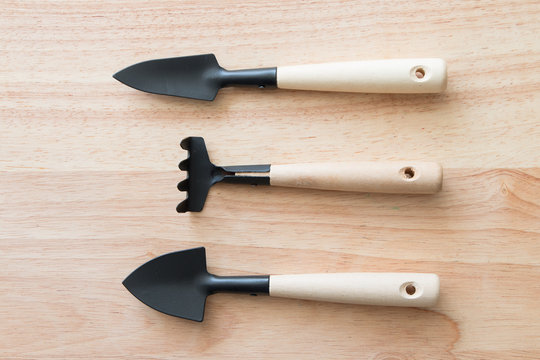 Gardening tools on a wooden board