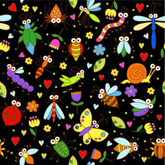 Seamless background with funny cartoon insects