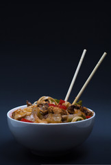 Chinese noodles with a chicken and vegetables
