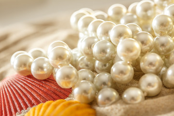 White pearl and seashells on sand