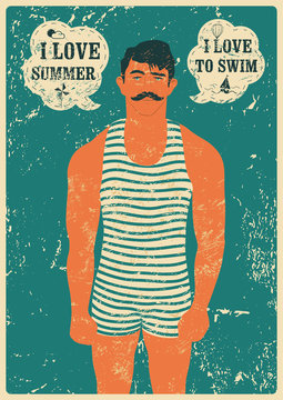 Summer Swimmer. Typographic Swimming Vintage Grunge Poster Design. Retro Vector Illustration.