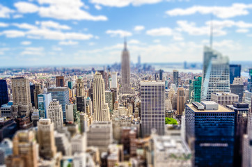 Aerial view of Manhattan skyline. Tilt-shift effect applied