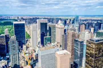 Fototapeta premium Aerial view of Manhattan skyline. Tilt-shift effect applied