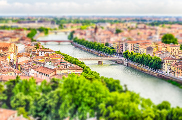 Panoramic view over Verona, Italy. Tilt-shift effect applied - obrazy, fototapety, plakaty