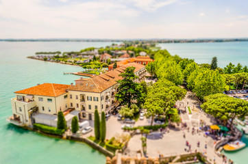 Naklejka premium Aerial view of Sirmione, Lake Garda, Italy. Tilt-shift effect applied