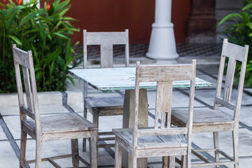 Empty wooden vintage table in morning cafe