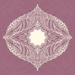 Template flyer or label  with Zen-doodle pattern in pearly and lilac colors