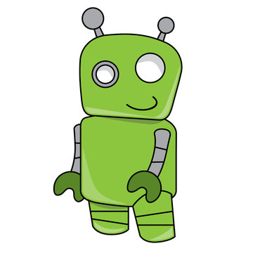 Smiling friendly green robot toy