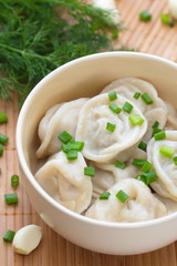 Meat pelmeni with butter and spring onion
