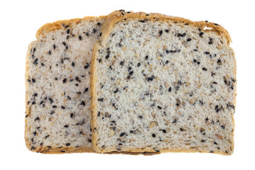 Fresh sliced wholegrain bread on a white background.
