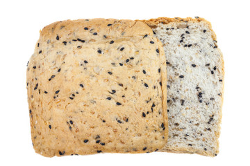 Fresh sliced wholegrain bread on a white background.