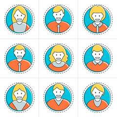 Set of Flat Thin Line People Avatar Icons. Flat Vector Illustration. User Profile Icons. Male and Female Characters