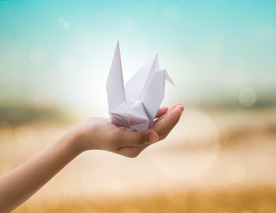 Origami bird on children's hand with beautiful natural backgroun - 108783338