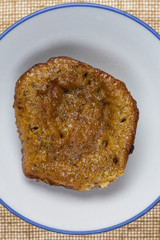 Banana cake on sackcloth background.