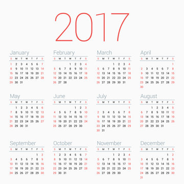 Calendar for 2017 Year on White Background. Week Starts Sunday. Simple Vector Template. Stationery Design Template