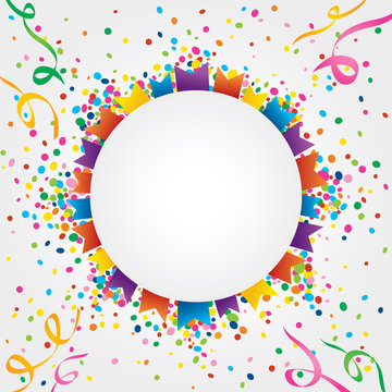White background with many colorful flags and confetti around a circular area
