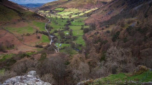 Sunlight Patches over Pistyll Rhaeadr Valley, Popular Tourist Destination in Wales, UK