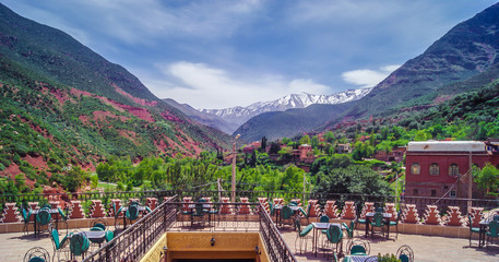 Morocco landscape Atlas mountain. / View at Atlas mountain covered by snow in spring time, Morocco
