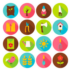 Fototapeta premium Gardening Tools Circle Icons Set with long Shadow