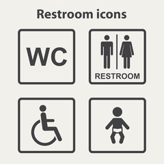 Vector restroom icons with men,women, lady, man, baby's dummy,nipple,child and disability on square.Restroom icon set