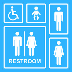 Restroom icons.Vector restroom icons for men,women,lady,man,baby dummy,nipple,child and disability on square.WC icons isolated.Toilet vector icons set.Vector restroom icons isolated.Vector toilet sign