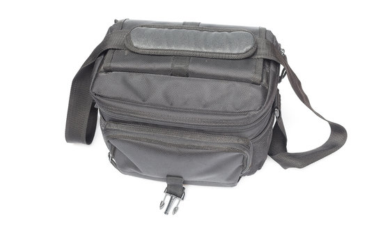 black camera bag on open  white background , select focus Top view