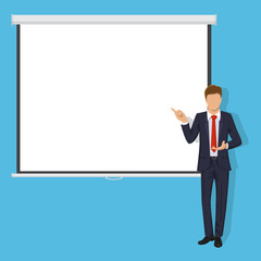 Modern business teacher giving lecture, training, seminar or presentation. Blank Projection screen. Modern flat style