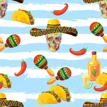 Mexican vector seamless music pattern with skull, sombrero hat, maracas, taco, tequila, lime and chill pepper vector background. Perfect for wallpapers, pattern fills, web page backgrounds, textile