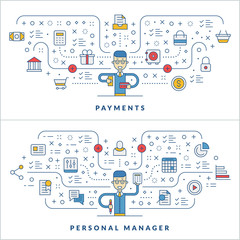 Payments. Personal manager. Web design. Social media. Flat line icons and businessman cartoon character. Business concept. Vector thin line illustration for website banner template or header