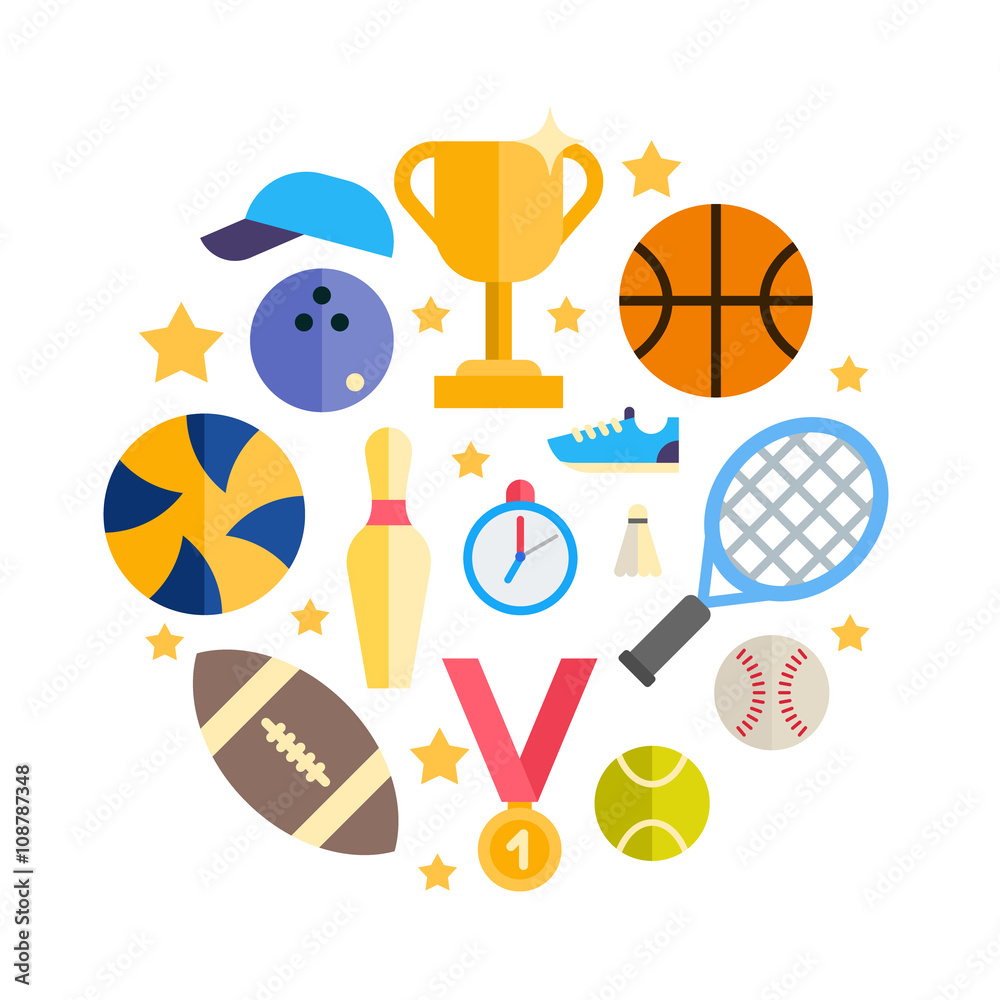 Wall mural sport equipment and objects in the shape of circle. vector illustration in flat design style